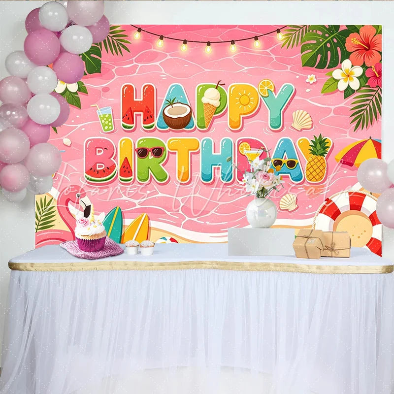 Lofaris Pink Summer Cartoon Birthday Backdrop with Tropical Beach and Flamingo Vibrant Party Background for Kids Photoshoot