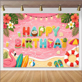 Lofaris Pink Summer Cartoon Birthday Backdrop with Tropical Beach and Flamingo Vibrant Party Background for Kids Photoshoot