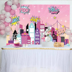Lofaris Pink Superhero City Backdrop Comic Girl Pow Zap Wow Cityscape Photography Background