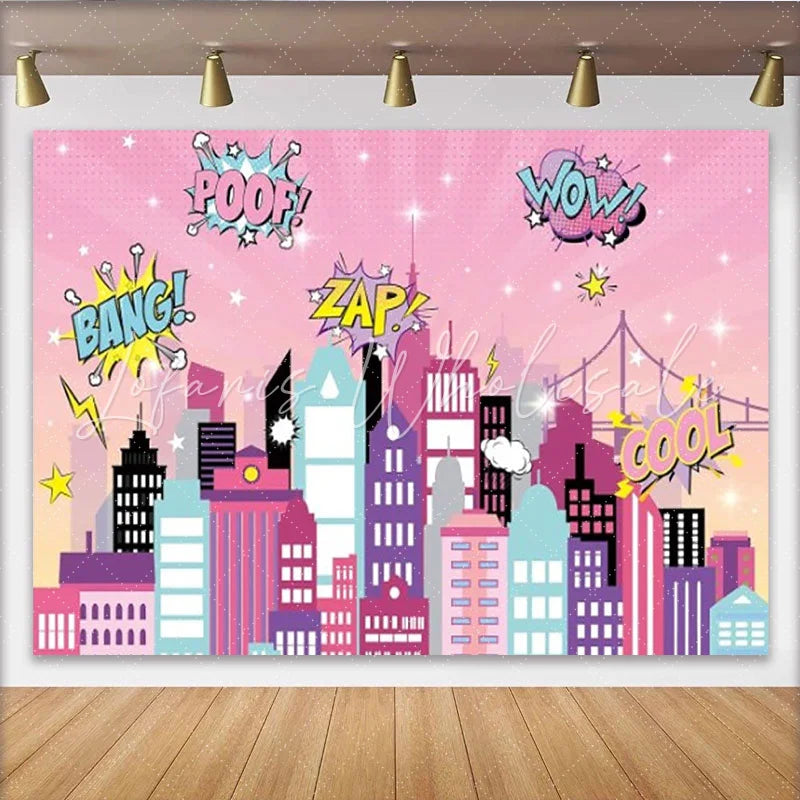 Lofaris Pink Superhero City Backdrop Comic Girl Pow Zap Wow Cityscape Photography Background