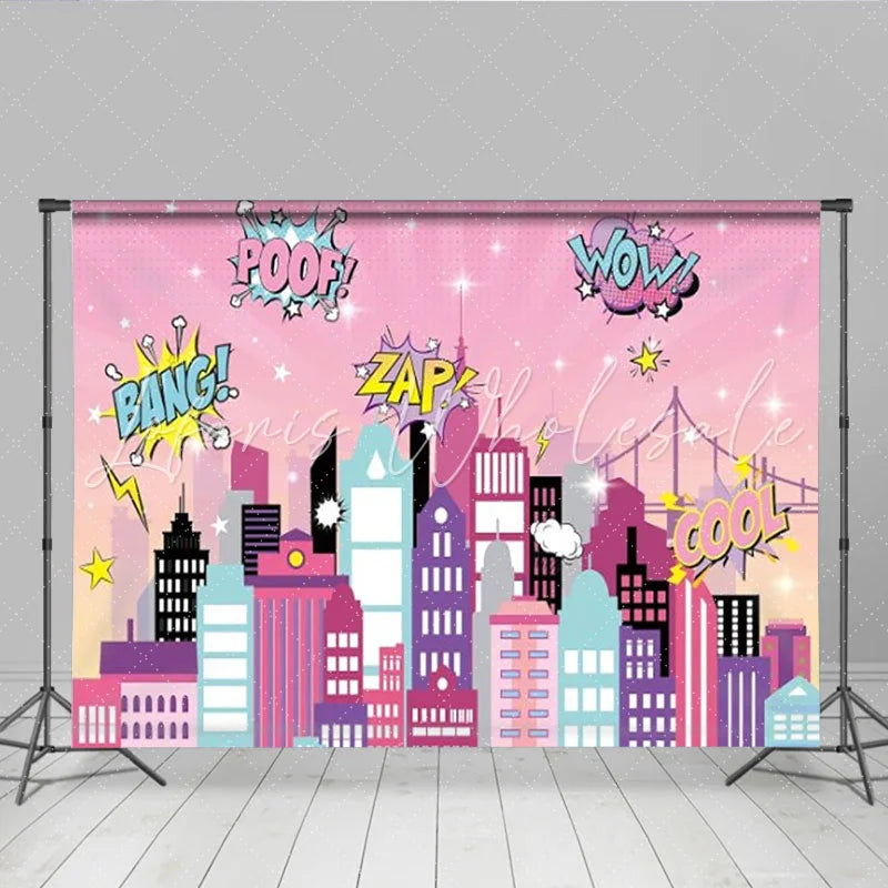 Lofaris Pink Superhero City Backdrop Comic Girl Pow Zap Wow Cityscape Photography Background