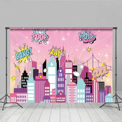 Lofaris Pink Superhero City Backdrop Comic Girl Pow Zap Wow Cityscape Photography Background