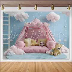 Lofaris Pink Tent Bed Teddy Bear Cake Smash Backdrop Blue Sky Fluffy Clouds Stars Baby Photography Background