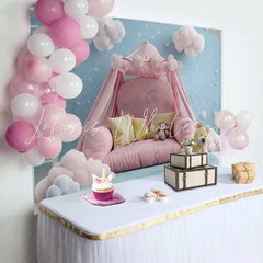 Lofaris Pink Tent Bed Teddy Bear Cake Smash Backdrop Blue Sky Fluffy Clouds Stars Baby Photography Background