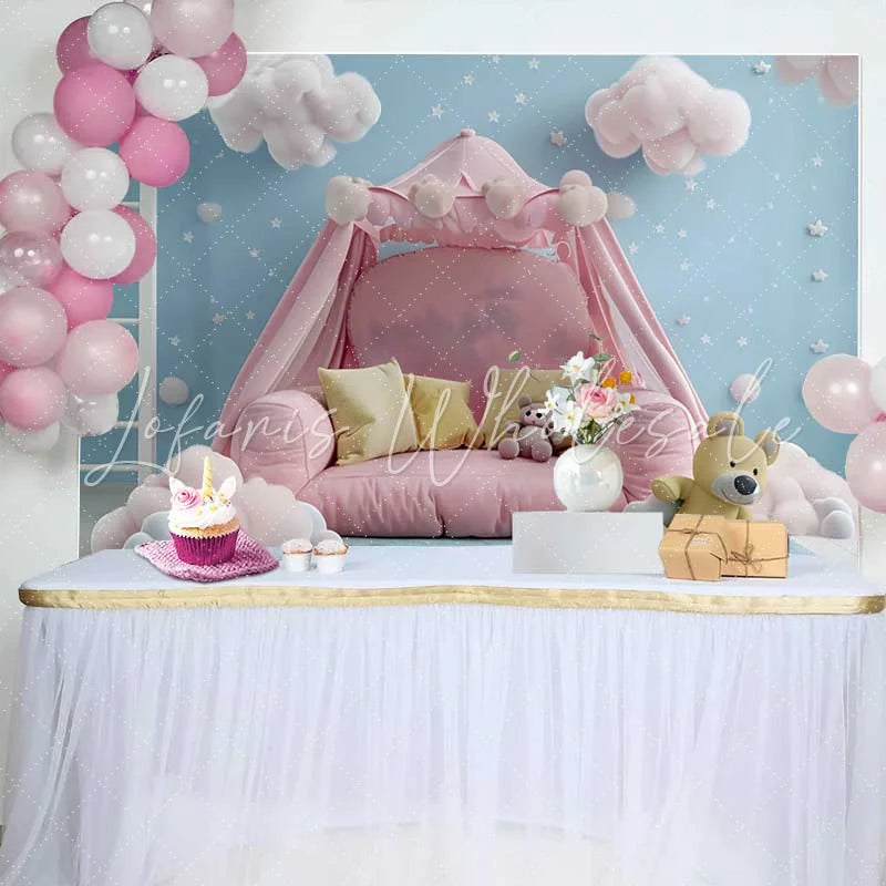 Lofaris Pink Tent Bed Teddy Bear Cake Smash Backdrop Blue Sky Fluffy Clouds Stars Baby Photography Background