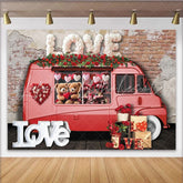 Lofaris Pink Valentine’s Day Backdrop with Love Truck Cute Teddy Bears Red Roses and Heart Garland Decor for Romantic Party