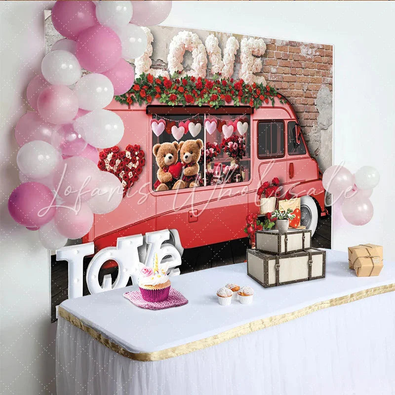 Lofaris Pink Valentine’s Day Backdrop with Love Truck Cute Teddy Bears Red Roses and Heart Garland Decor for Romantic Party
