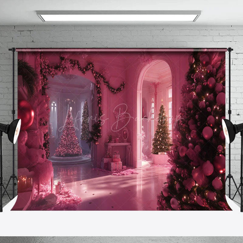 Lofaris Pink Vintage House Xmas Tree Christmas Vibe Backdrop