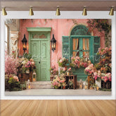 Lofaris Pink Wall Mint Green Floral Door Window Photography Backdrop with Lanterns Rustic Garden Photo Background for Party Decor