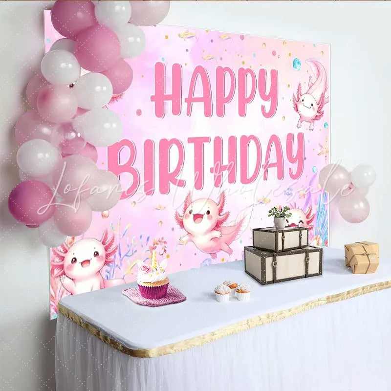 Lofaris Pink Watercolor Axolotl Birthday Backdrop Cute Underwater Sea Creatures Party Background for Girls