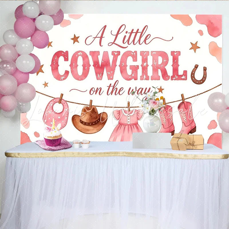 Lofaris Pink Watercolor Cowgirl Baby Shower Backdrop with Boots and Hat Western Theme Photo Booth Background for Girl Baby Shower Decor