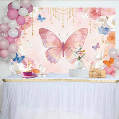 Lofaris Pink Watercolor Floral Butterfly Photography Backdrop Gold Chain Flowers Background for Girls Party