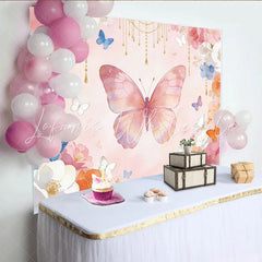 Lofaris Pink Watercolor Floral Butterfly Photography Backdrop Gold Chain Flowers Background for Girls Party