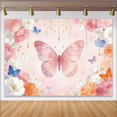 Lofaris Pink Watercolor Floral Butterfly Photography Backdrop Gold Chain Flowers Background for Girls Party
