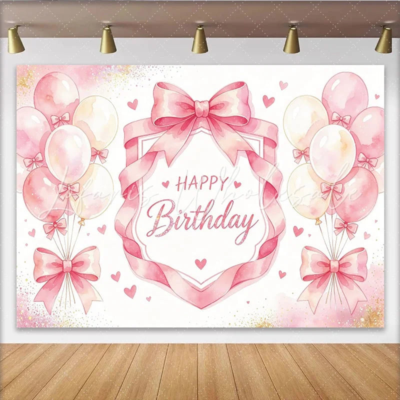 Lofaris Pink Watercolor Happy Birthday Backdrop with Balloons and Hearts Elegant Party Background for Girls Photoshoot