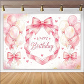 Lofaris Pink Watercolor Happy Birthday Backdrop with Balloons and Hearts Elegant Party Background for Girls Photoshoot