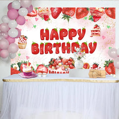 Lofaris Pink Watercolor Strawberry Birthday Backdrop with Cake and Cupcakes Sweet Festive Party Decor for Girls Photoshoot