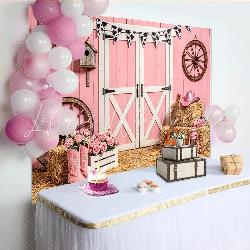 Lofaris Pink Western Barn Backdrop with Cow Print Bunting Rustic Farmhouse Background for Girls Birthday Party or Studio Photos