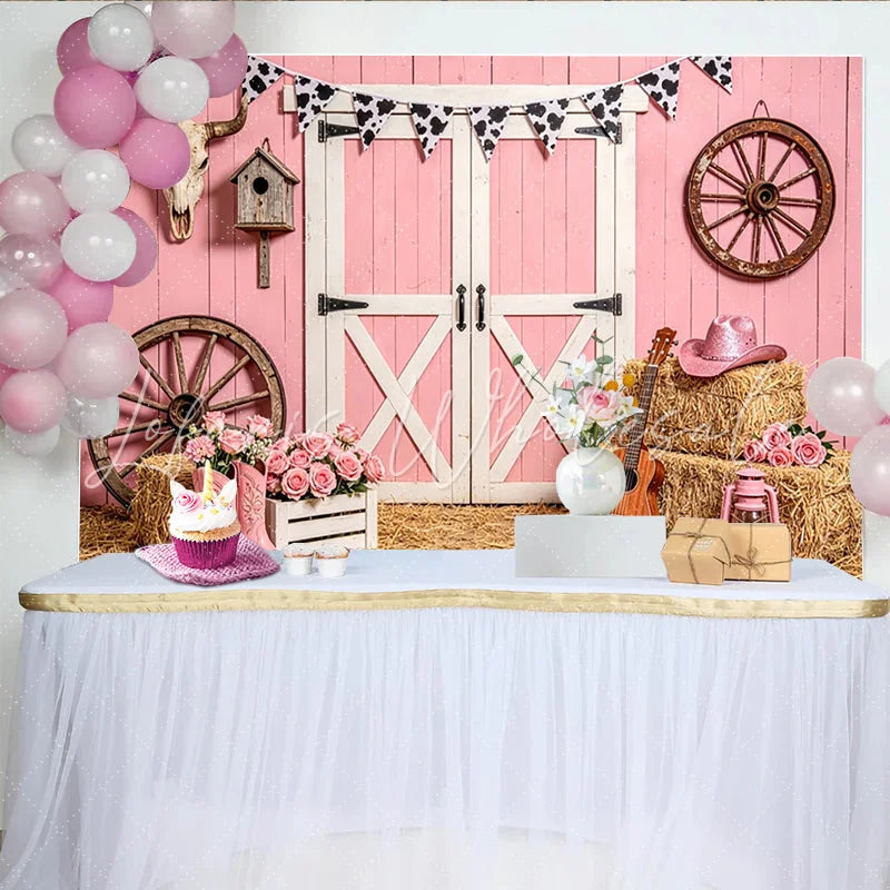 Lofaris Pink Western Barn Backdrop with Cow Print Bunting Rustic Farmhouse Background for Girls Birthday Party or Studio Photos