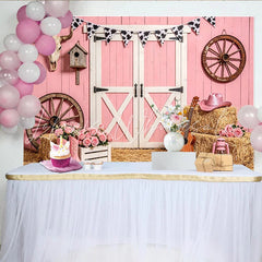 Lofaris Pink Western Barn Backdrop with Cow Print Bunting Rustic Farmhouse Background for Girls Birthday Party or Studio Photos