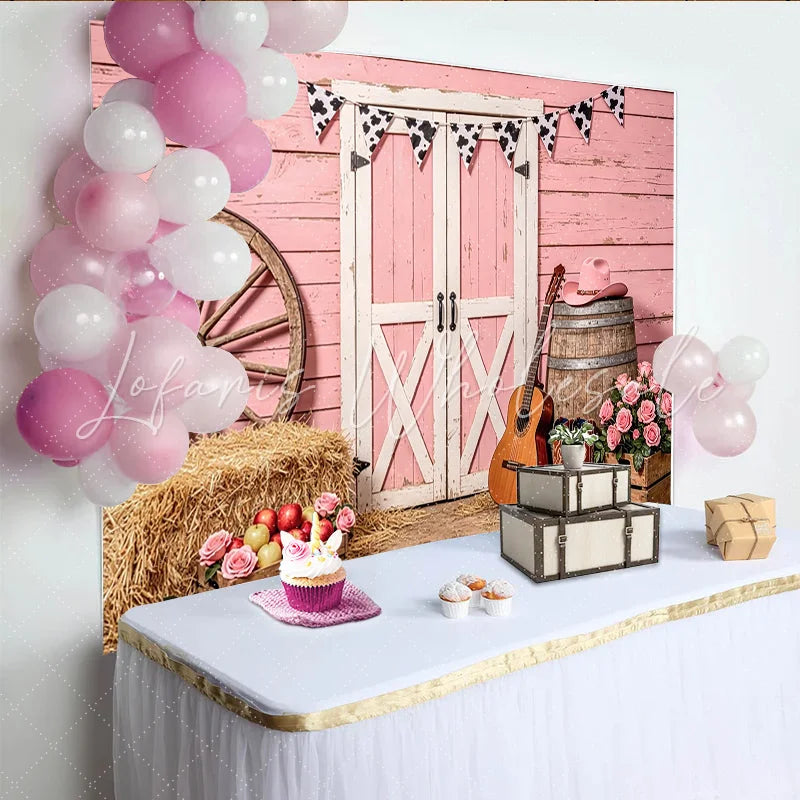 Lofaris Pink Western Barn Photography Backdrop with Cow Print Bunting Rustic Farm Photo Background for Studio Photoshoot and Party Decor