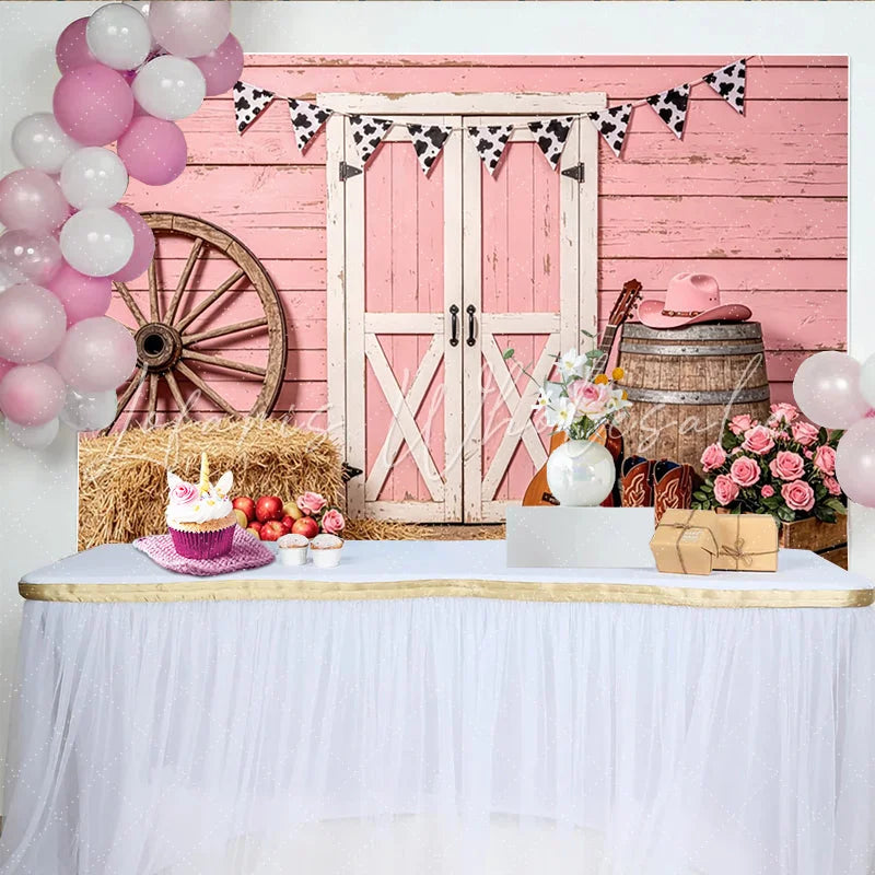 Lofaris Pink Western Barn Photography Backdrop with Cow Print Bunting Rustic Farm Photo Background for Studio Photoshoot and Party Decor