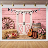 Lofaris Pink Western Barn Photography Backdrop with Cow Print Bunting Rustic Farm Photo Background for Studio Photoshoot and Party Decor