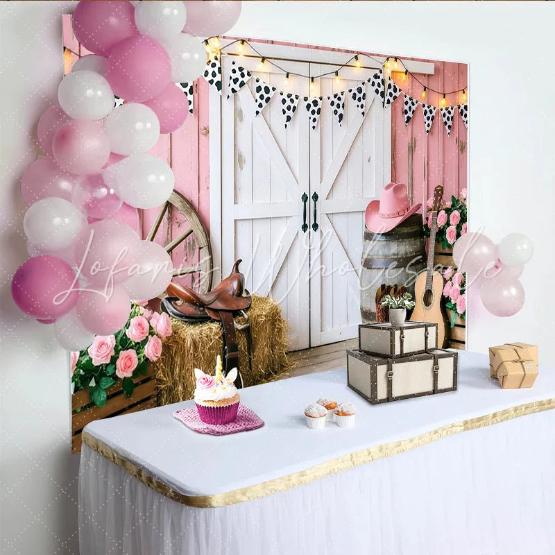 Lofaris Pink Western Barn Photography Backdrop with Cow Print Bunting Rustic Farmhouse Background for Studio Photoshoot