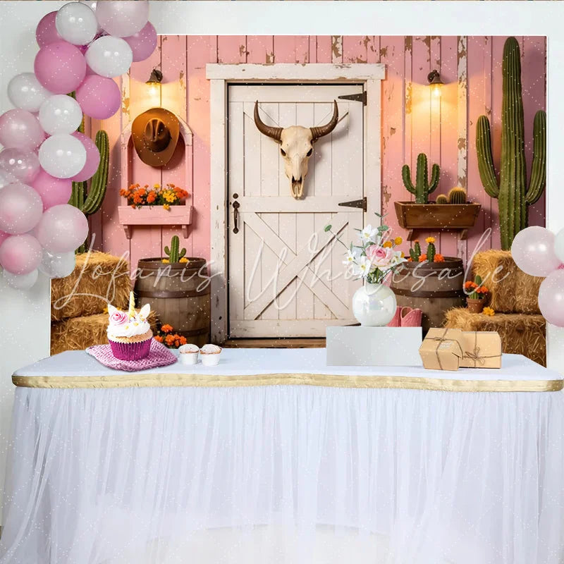 Lofaris Pink Western Cactus Photography Backdrop with Barn Door and Hay Bales Rustic Farmhouse Background for Studio Photoshoot