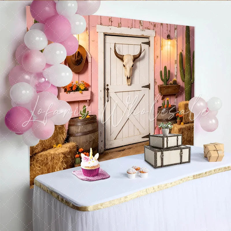 Lofaris Pink Western Cactus Photography Backdrop with Barn Door and Hay Bales Rustic Farmhouse Background for Studio Photoshoot