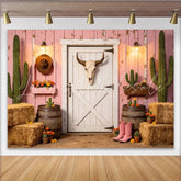 Lofaris Pink Western Cactus Photography Backdrop with Barn Door and Hay Bales Rustic Farmhouse Background for Studio Photoshoot