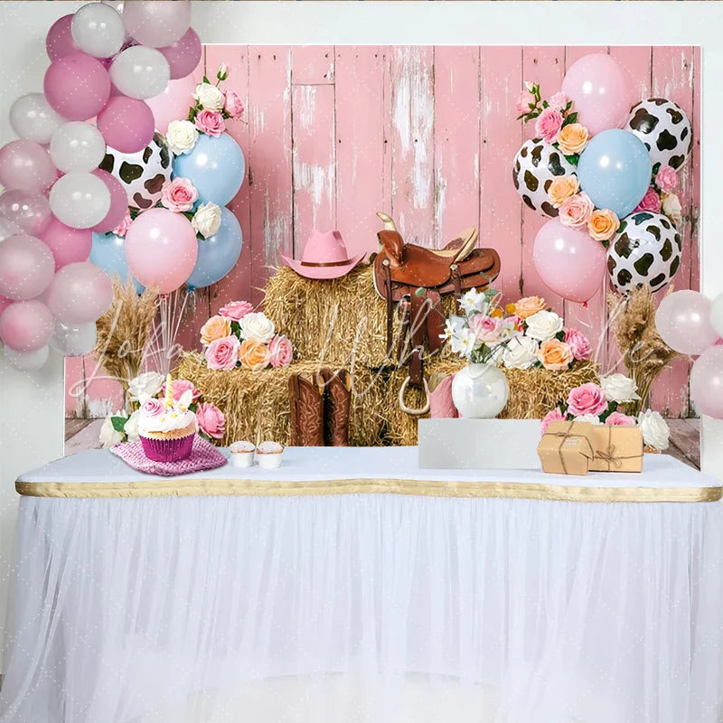 Lofaris Pink Western Cowgirl Birthday Backdrop with Hay Bales and Balloons Chic Ranch Photo Background for Girls Party Decoration