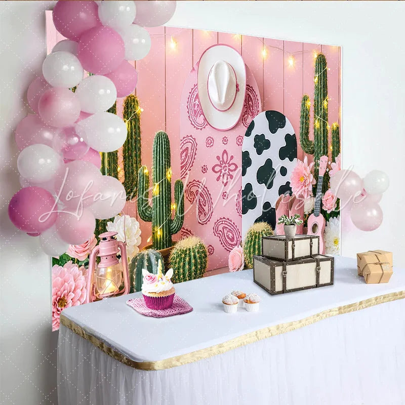 Lofaris Pink Western Cowgirl Photography Backdrop with Cactus and Flowers Rustic Desert Photo Background for Studio and Party Decor