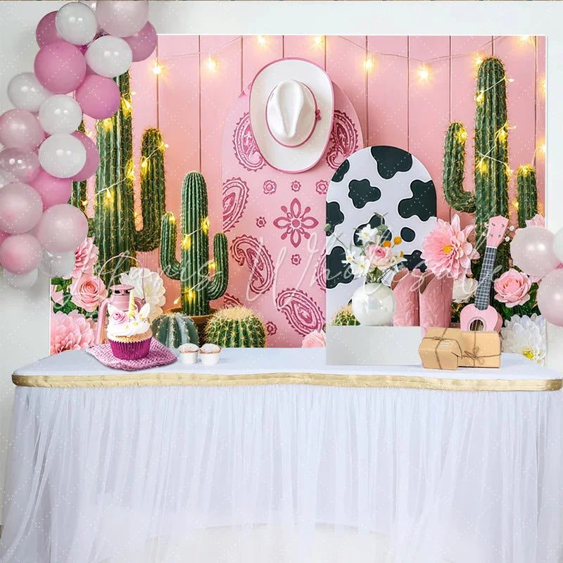 Lofaris Pink Western Cowgirl Photography Backdrop with Cactus and Flowers Rustic Desert Photo Background for Studio and Party Decor