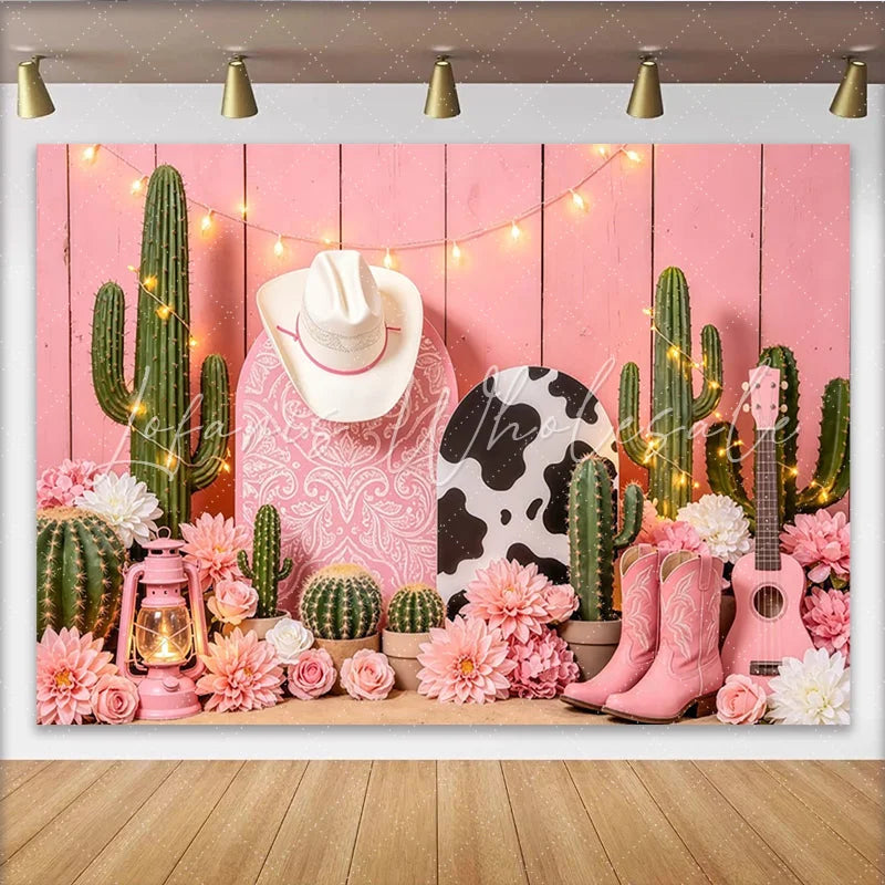 Lofaris Pink Western Cowgirl Photography Backdrop with Cactus Boots and Hat Rustic Wood Background for Studio Photoshoot and Party Decor