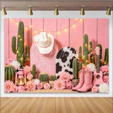 Lofaris Pink Western Cowgirl Photography Backdrop with Cactus Boots and Hat Rustic Wood Background for Studio Photoshoot and Party Decor