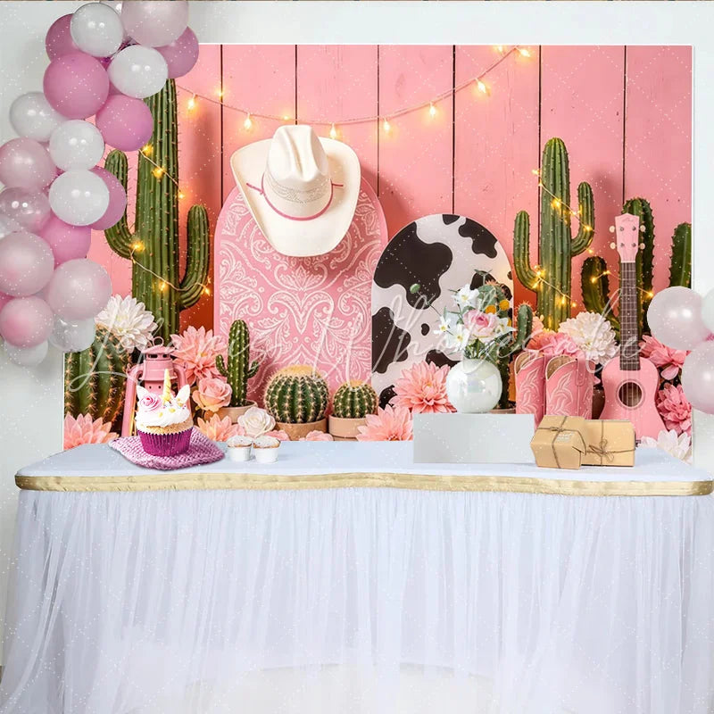 Lofaris Pink Western Cowgirl Photography Backdrop with Cactus Boots and Hat Rustic Wood Background for Studio Photoshoot and Party Decor