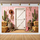 Lofaris Pink Western Photography Backdrop Rustic Barn Door and Cacti Scene Photo Booth Prop for Studio Photoshoot