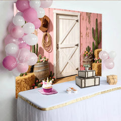 Lofaris Pink Western Photography Backdrop Rustic Barn Door and Cacti Scene Photo Booth Prop for Studio Photoshoot