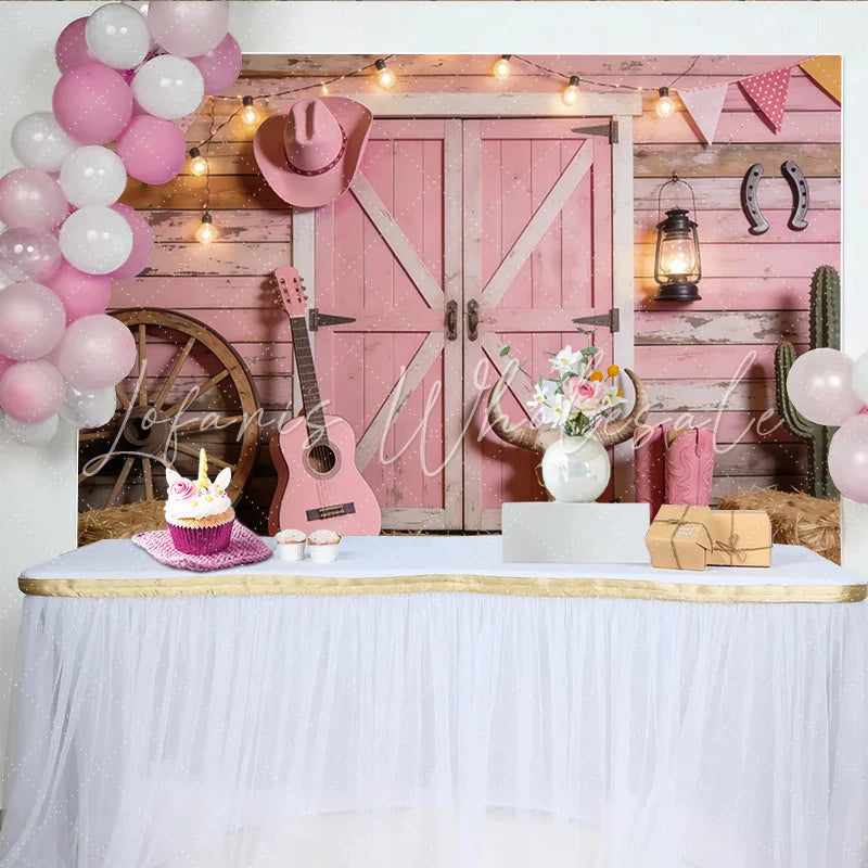 Lofaris Pink Western Photography Backdrop with Barn Doors Rustic Country Background for Photoshoot and Party Decor