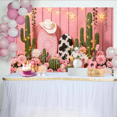 Lofaris Pink Western Photography Backdrop with Cowboy Hat Boots and Cacti Floral Cow Print for Girl’s Party Photoshoot Decor
