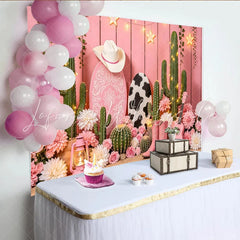 Lofaris Pink Western Photography Backdrop with Cowboy Hat Boots and Cacti Floral Cow Print for Girl’s Party Photoshoot Decor
