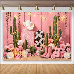 Lofaris Pink Western Photography Backdrop with Cowboy Hat Boots and Cacti Floral Cow Print for Girl’s Party Photoshoot Decor