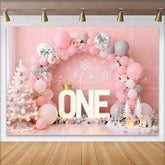 Lofaris Pink Winter ONEderland Birthday Cake Smash Backdrop Silver Bows and Balloon Arch with Snowflake Decor