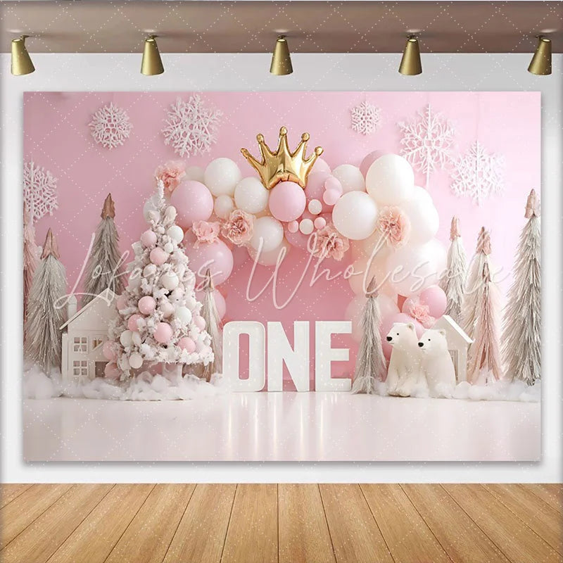 Lofaris Pink Winter Snowflake First Birthday Backdrop Gold Crown ONE Sign Polar Bear Girl Background