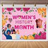 Lofaris Pink Womens History Month Backdrop Diverse Females Raised Fists Roses Floral Empowerment Party Decor