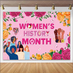 Lofaris Pink Womens History Month Backdrop Diverse Females Raised Fists Roses Floral Empowerment Party Decor