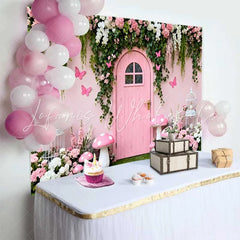 Lofaris Pink Wooden Door and Floral Vines Spring Backdrop Fairy Mushroom Birdcage Birthday Party Background
