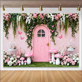 Lofaris Pink Wooden Door and Floral Vines Spring Backdrop Fairy Mushroom Birdcage Birthday Party Background