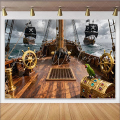 Lofaris Piraten-Schiffdeck goldene Steuerräder und Schatzkiste Partyhintergrund für Abenteuer-Geburtstagsfeiern